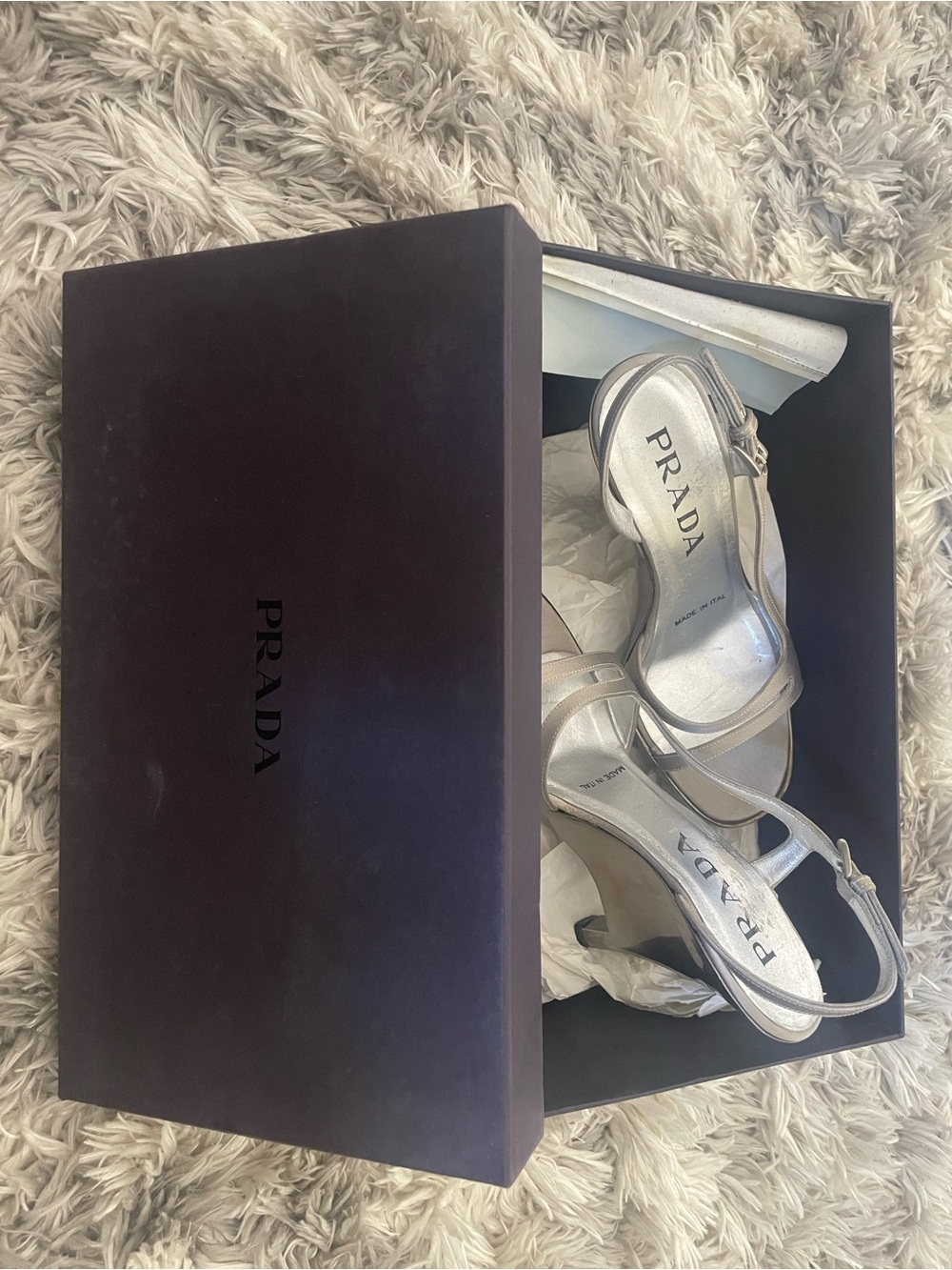 Prada Spring/Summer 1998 Metallic Silver Leather Lucite Wedge Sandals